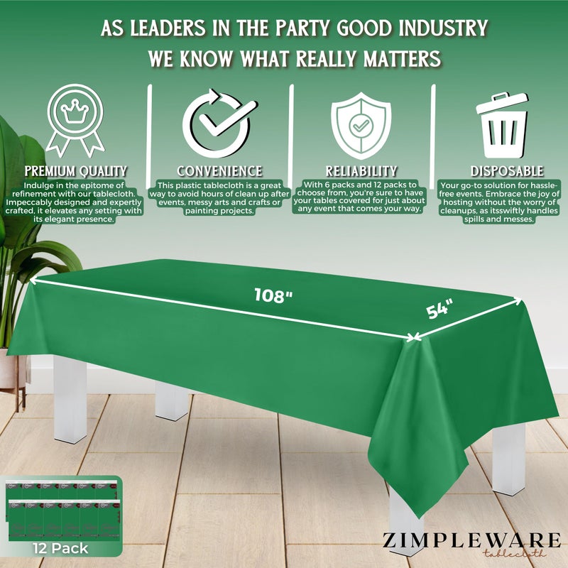 ZIMPLEWARE Premium Green Plastic Table Cloth Disposable (12 Pk) Plastic Tablecloths for Rectangle Tables (54in x 108in) Party Table Cloths Disposable for 6ft to 8ft Rectangle Tables - Image 3
